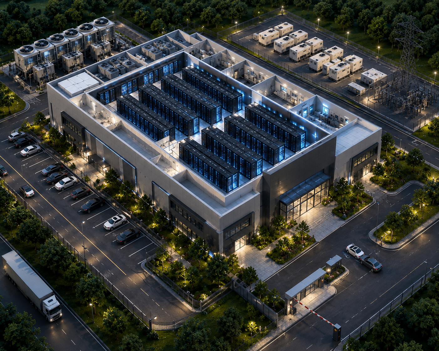 Concept illustration of server halls, cooling equipment, and electrical infrastructure in a modern data center