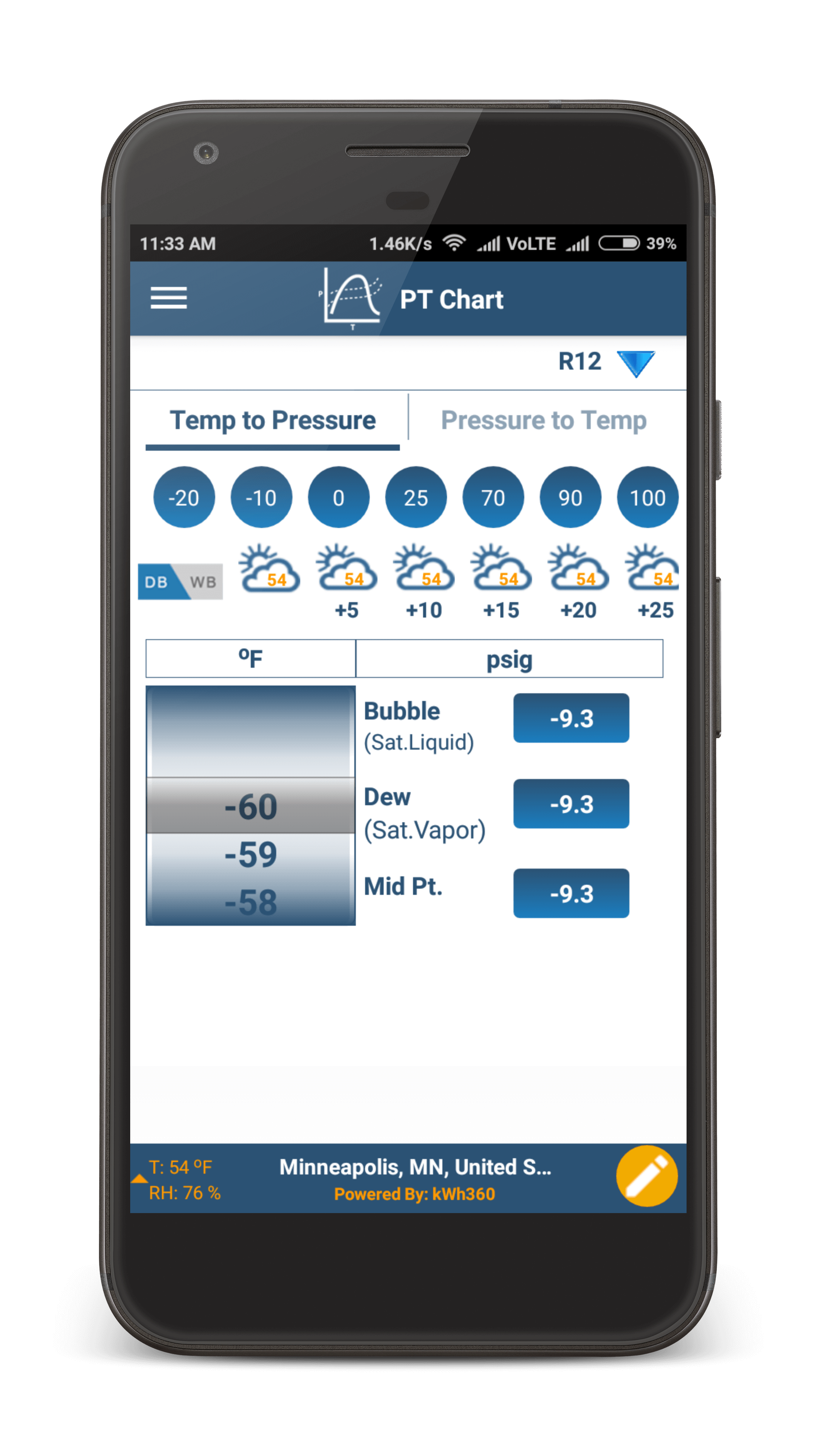 360-Tools pressure-temperature chart shown on a phone
