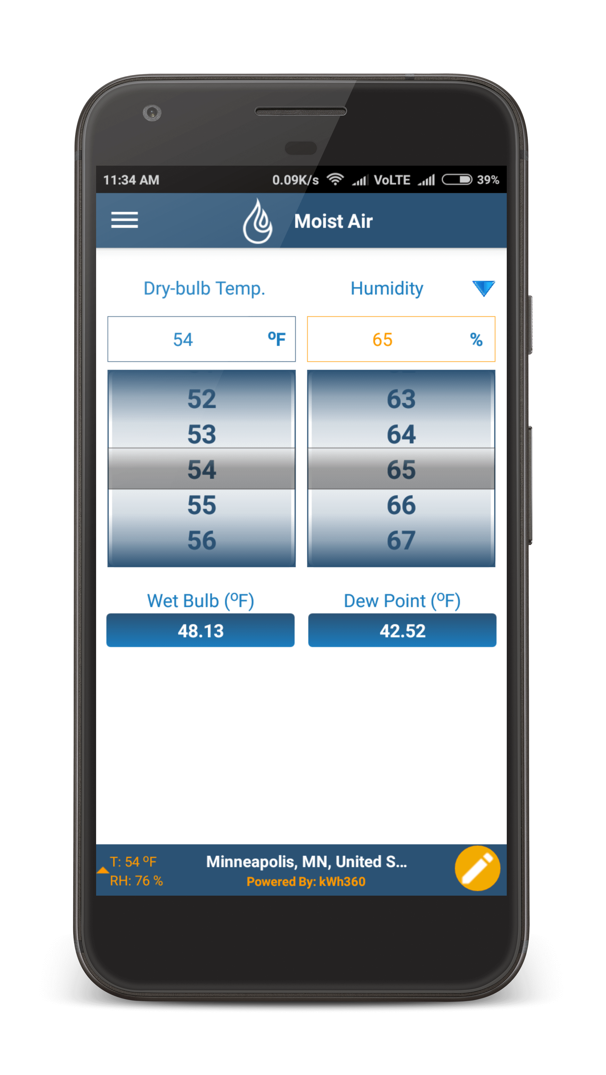 360-Tools moist-air calculation shown on a phone