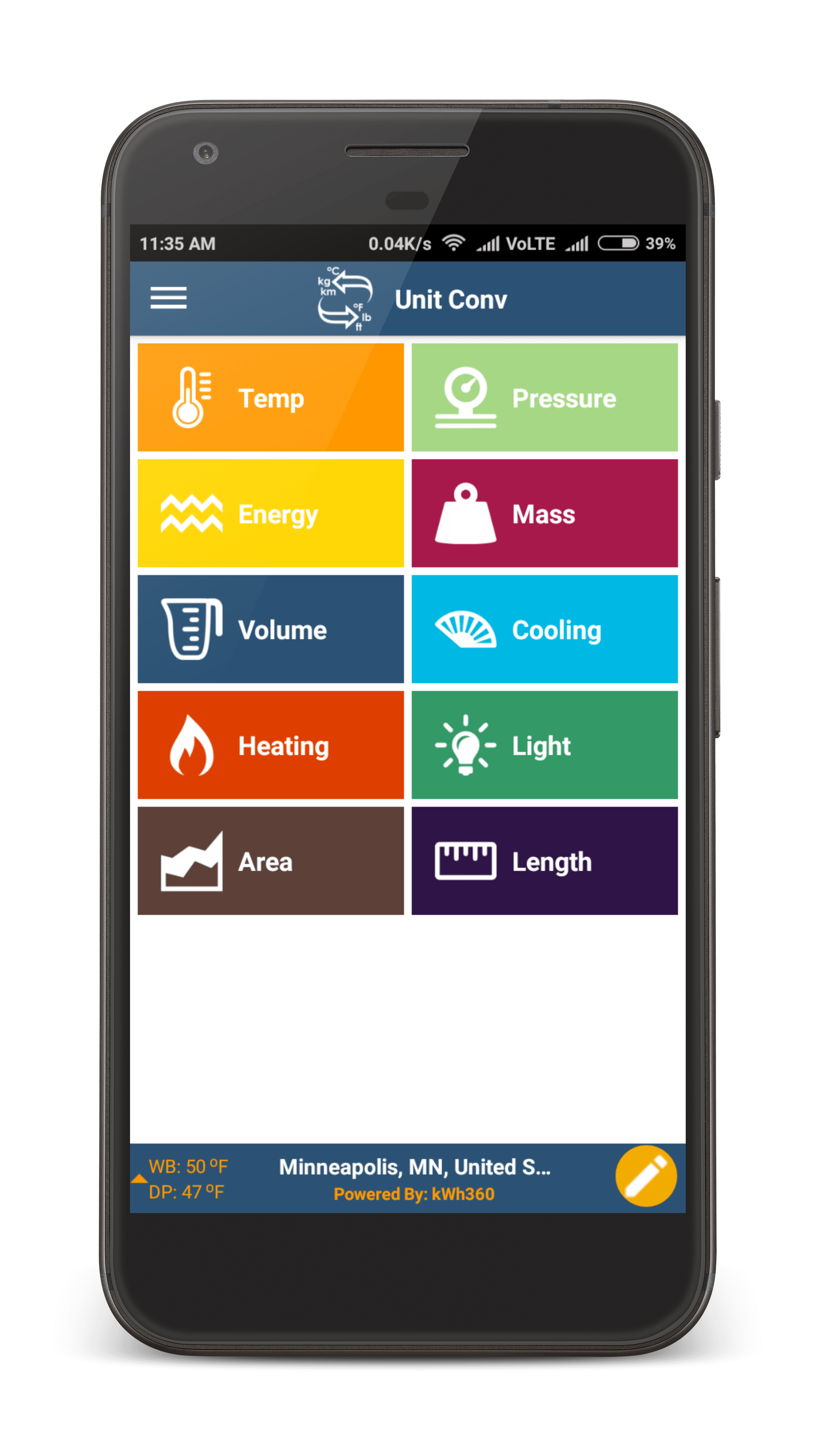 360-Tools unit conversion menu shown on a phone