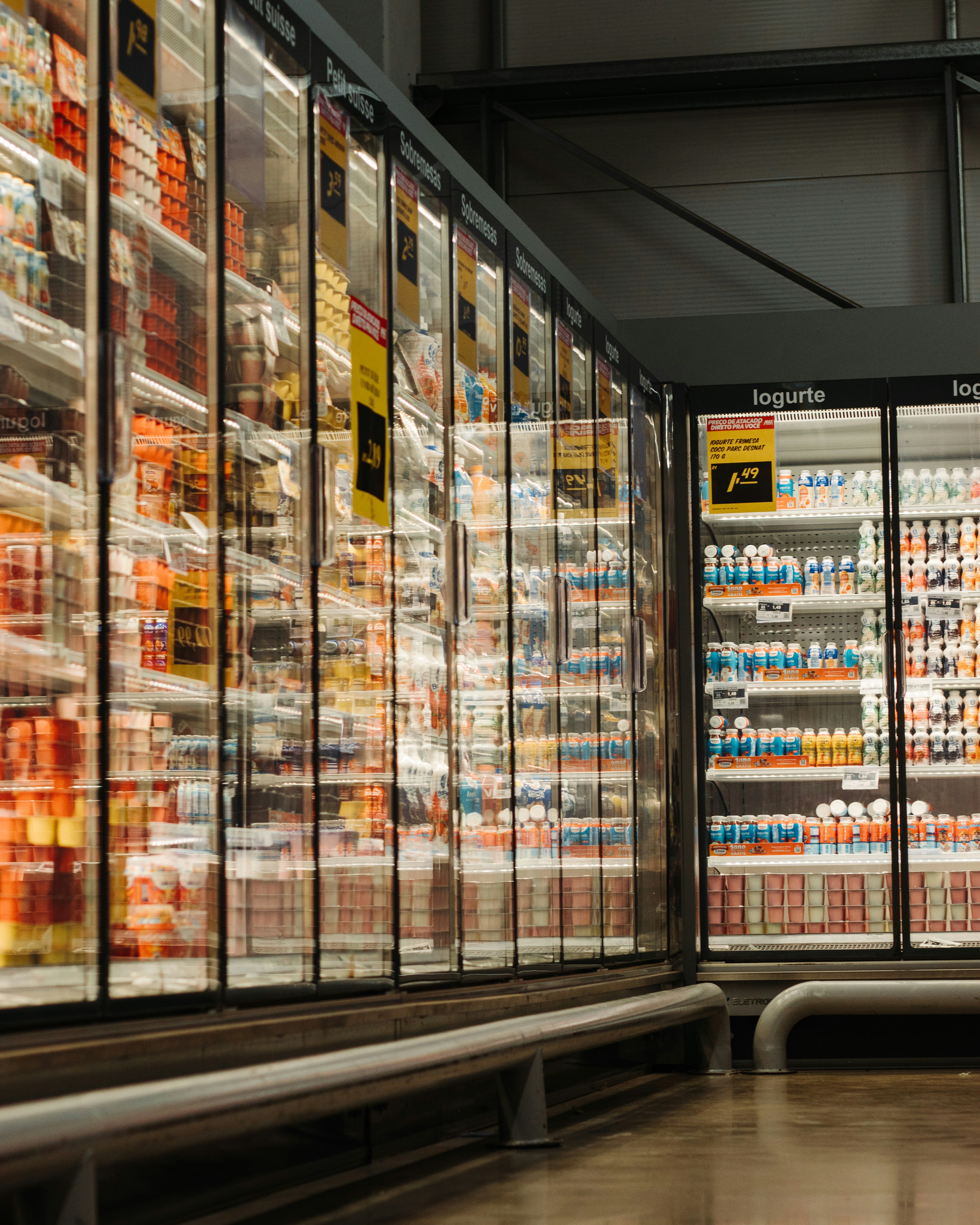 Refrigerated display cases in an operating grocery store