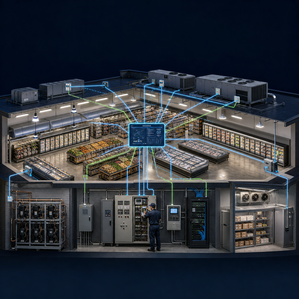 Whole-store EMS architecture showing controls metering networks and connected loads