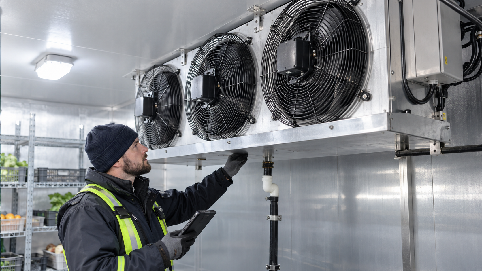 Technician inspecting a manufacturer-neutral walk-in cooler evaporator