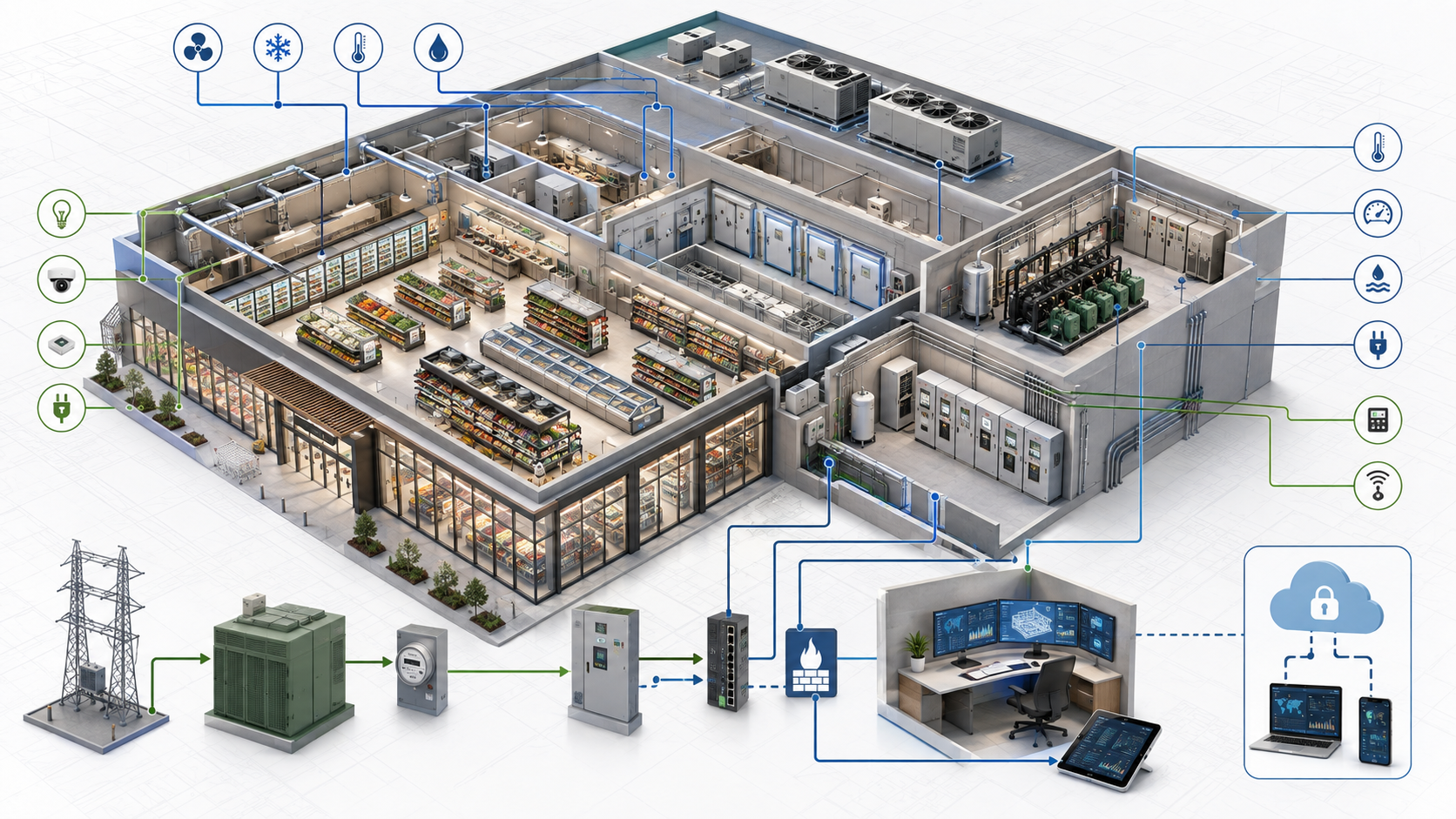 Modern grocery store cutaway with integrated refrigeration, HVAC, lighting, electrical, controls, network, operator, and remote analytics architecture